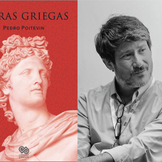 Split image of Letras griegas book cover (left) and Professor Poitevin headshot (right).