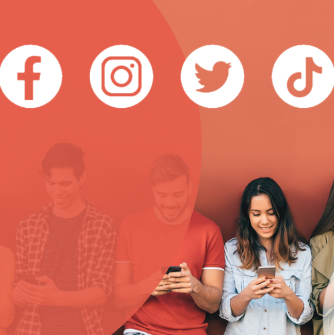 People on their phones stand in front of an orange background under the social media logos for Facebook, Instagram, Twitter, and TikTok