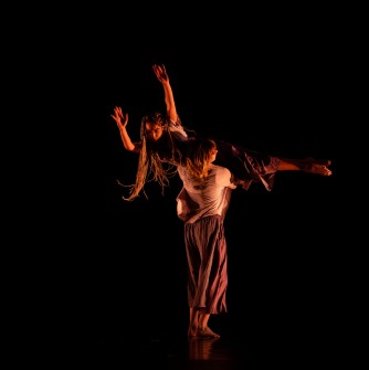 A dancer being held in the air by another dancer