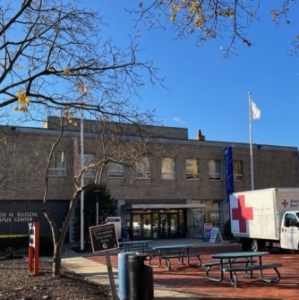 Red Cross truck unloading supplies in front of the Ellison Campus Center