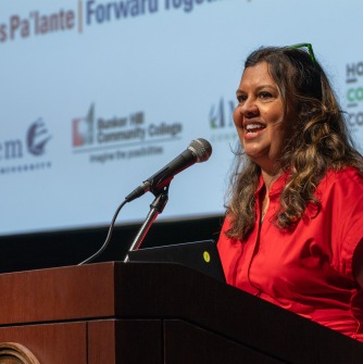 Elisa Castillo speaking at the Inaugural New England Hispanic and Minority Serving Institution Conference