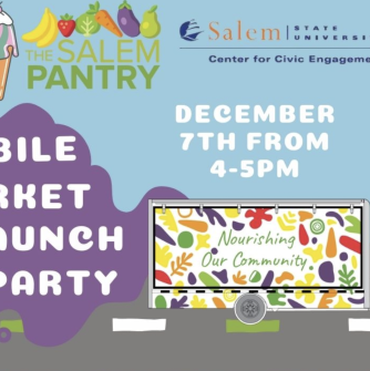 The Salem Pantry and the Center for Civic Engagement present the Mobile Market Launch Party. Graphics of an ice cream cone and a truck.