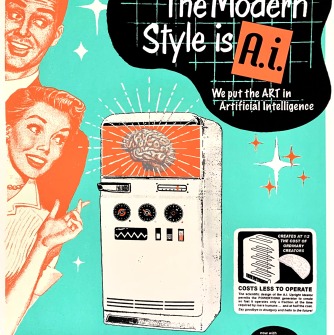 Man and woman looking at a retro refrigerator
