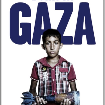 Born in Gaza poster. A child holds a broken missile.