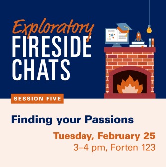 Exploratory Fireside Chats, Session Five, February 25th, 3:00 - 4:00 pm,  Forten 123. Image is a fireplace with monitor, rocket and other success related items on the mantle. .