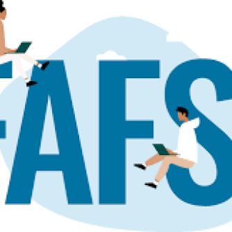 The words FAFSA form with animated students walking and sitting around the words 