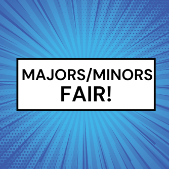 "Majors/Minors Fair" in white rectangular box, surround by dark to light blue comic like background