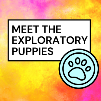 "Meet the Exploratory Puppies" with pawprint stamp, and pink/yellow background.