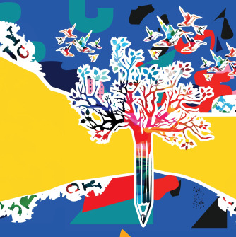 Multi-colored tree collage on a yellow background