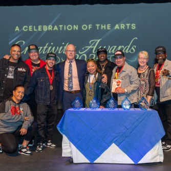 The Floor Lords with Salem State University President John Keenan and Karen Gahagan, director of the Center for Creative and Performing Arts