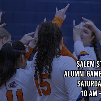 SSU volleyball Lady Vikes are the background graphic for the alumni game and family invitation for september 27