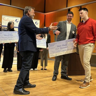 David Sheehan, a Salem State University fire science major and Dedham fire captain, took the top prize at the 5th annual Salem State University Viking Business Pitch Competition Thursday night, April 3. His proposal was “First Due Fire Exams,” a trai