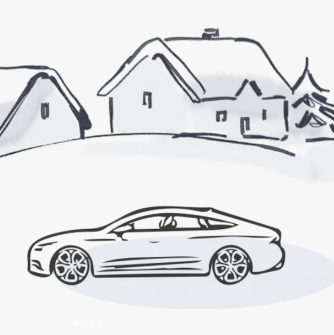 Black and white sketch of snowy houses and a car