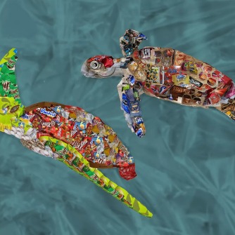 Two swimming turtles who look multi-colored with trash all over them