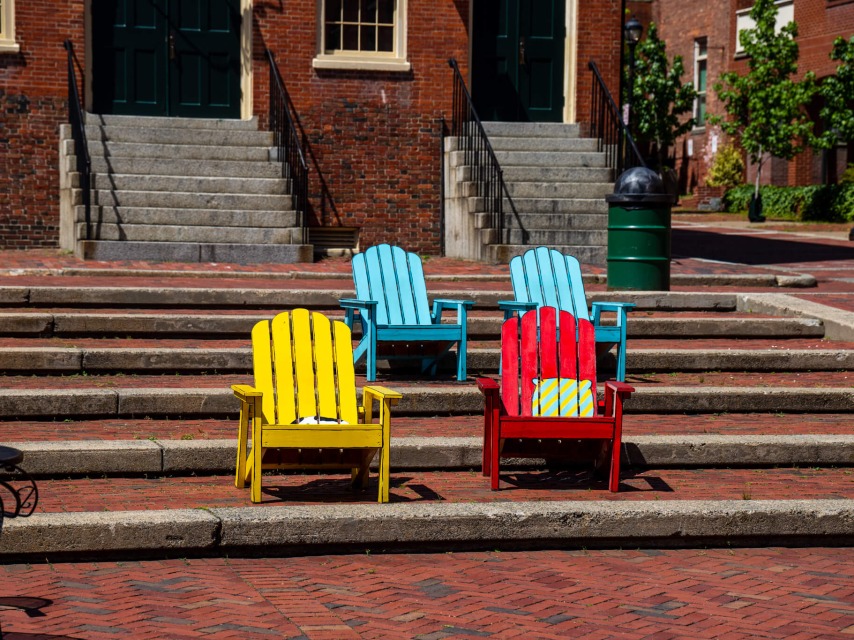 Colorful chairs sitting in downtown Salem
