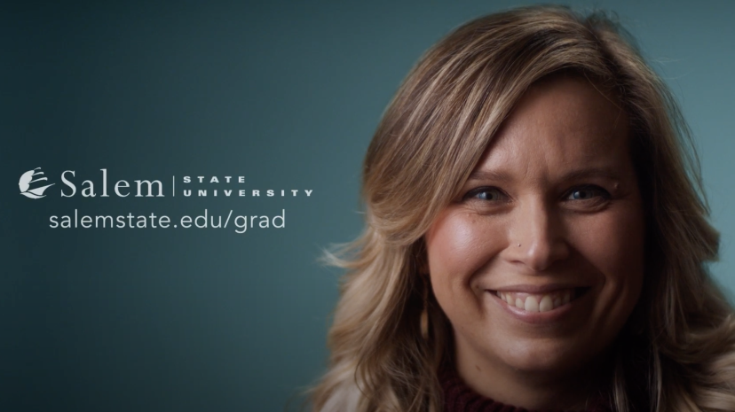 A graduate student smiling with salemstate.edu/grad caption