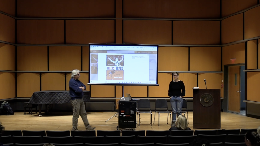 Screenshot from video: speaker Jane McManus in the Recital Hall