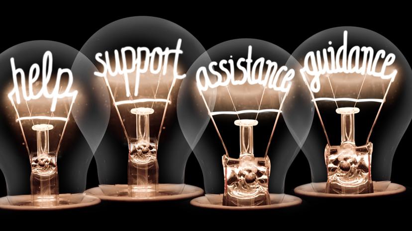 lightbulbs spelling "help", "support", "assistance" and "guidance"